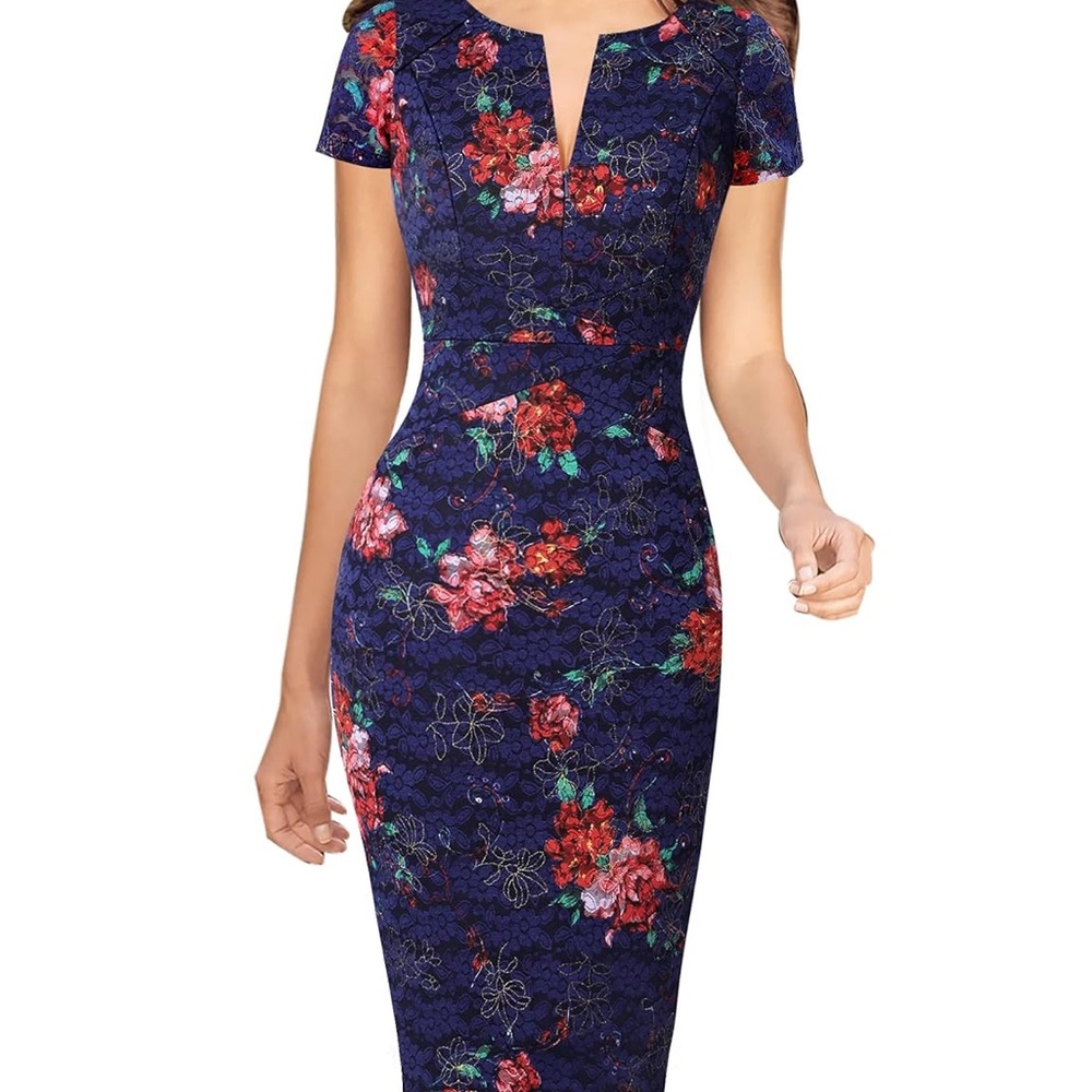 Women’s Slim Formal Red Floral Navy Cocktail Dress - Size XXL NWT
